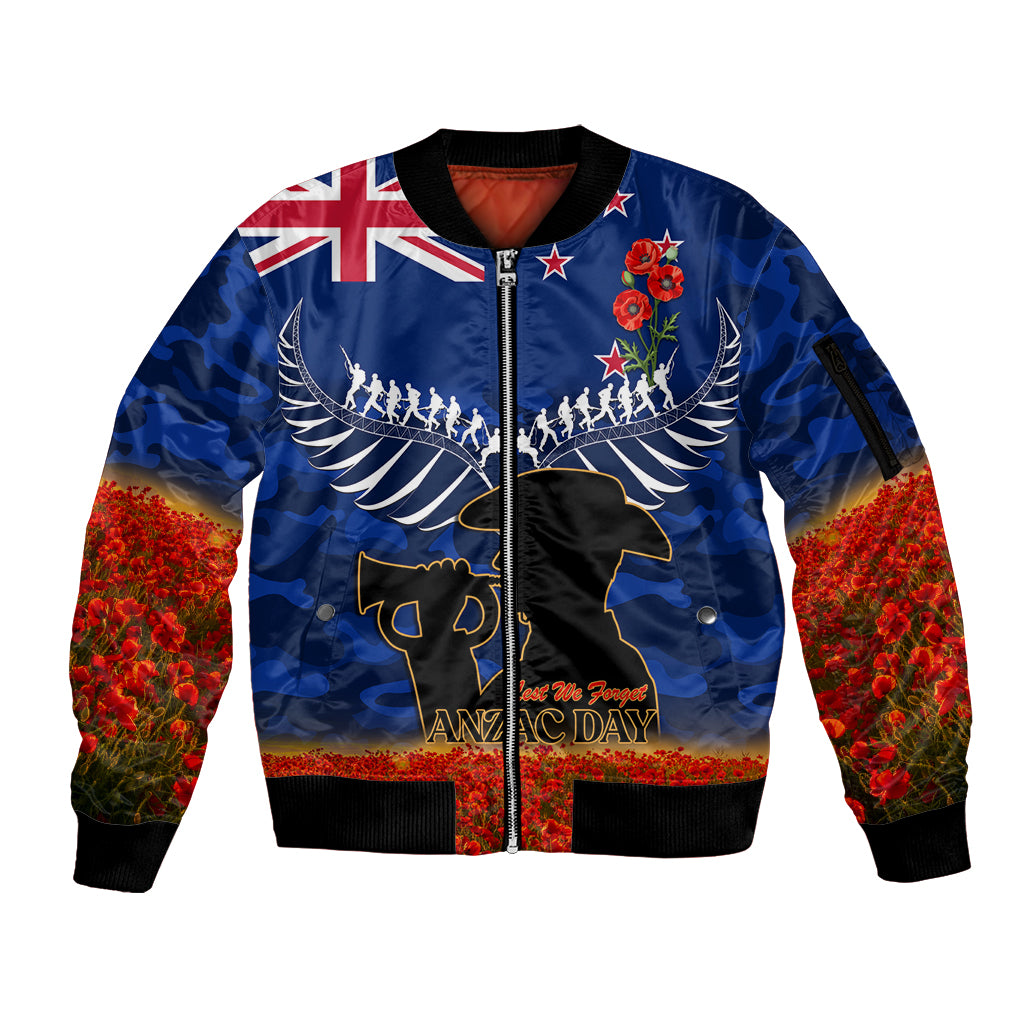 New Zealand ANZAC Day Sleeve Zip Bomber Jacket 25 April Last Post Camouflage With Poppies LT14 Unisex Blue - Polynesian Pride