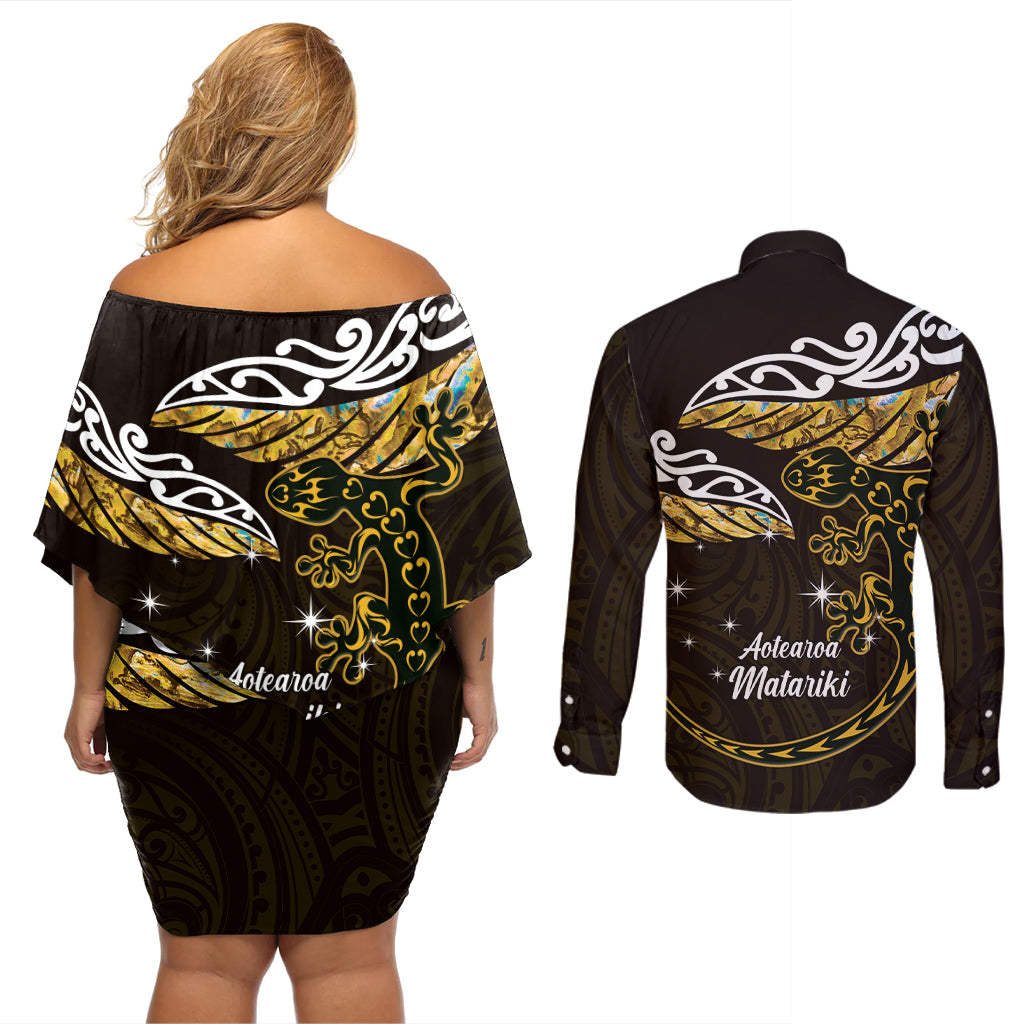 New Zealand Matariki Couples Matching Off Shoulder Short Dress and Long Sleeve Button Shirt Maori New Year Silver Fern And Lizard - Gold