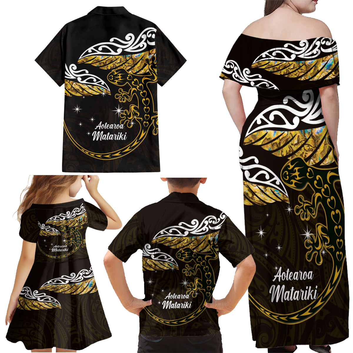 New Zealand Matariki Family Matching Off Shoulder Maxi Dress and Hawaiian Shirt Maori New Year Silver Fern And Lizard - Gold