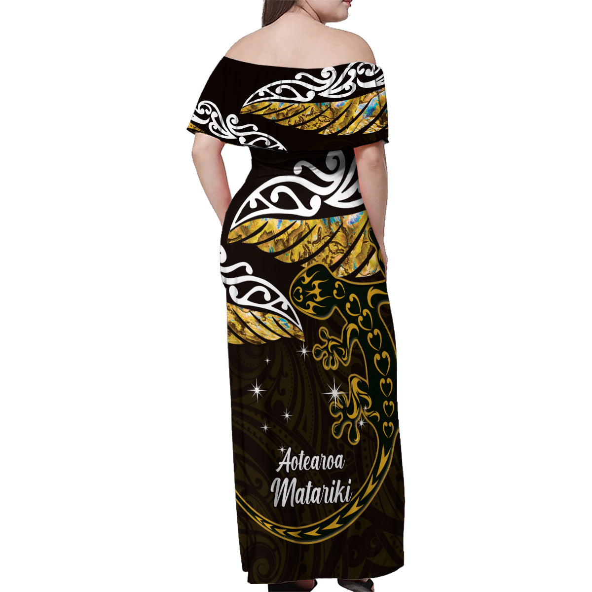 New Zealand Matariki Family Matching Off Shoulder Maxi Dress and Hawaiian Shirt Maori New Year Silver Fern And Lizard - Gold