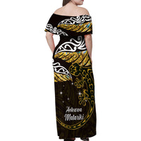 New Zealand Matariki Family Matching Off Shoulder Maxi Dress and Hawaiian Shirt Maori New Year Silver Fern And Lizard - Gold