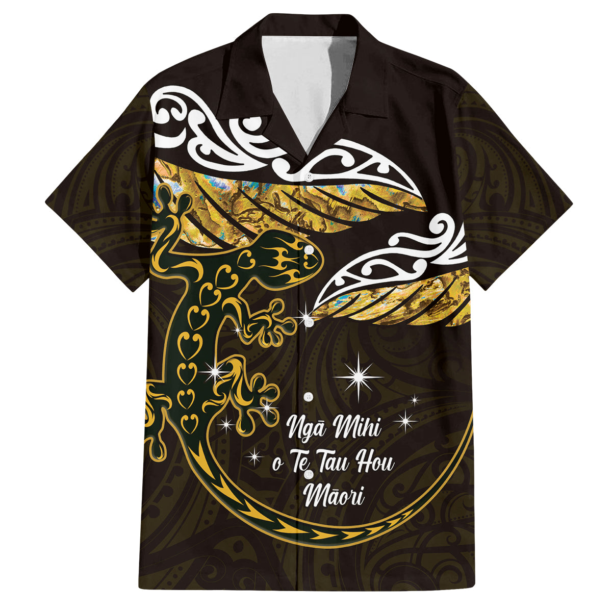 New Zealand Matariki Family Matching Off Shoulder Short Dress and Hawaiian Shirt Maori New Year Silver Fern And Lizard - Gold