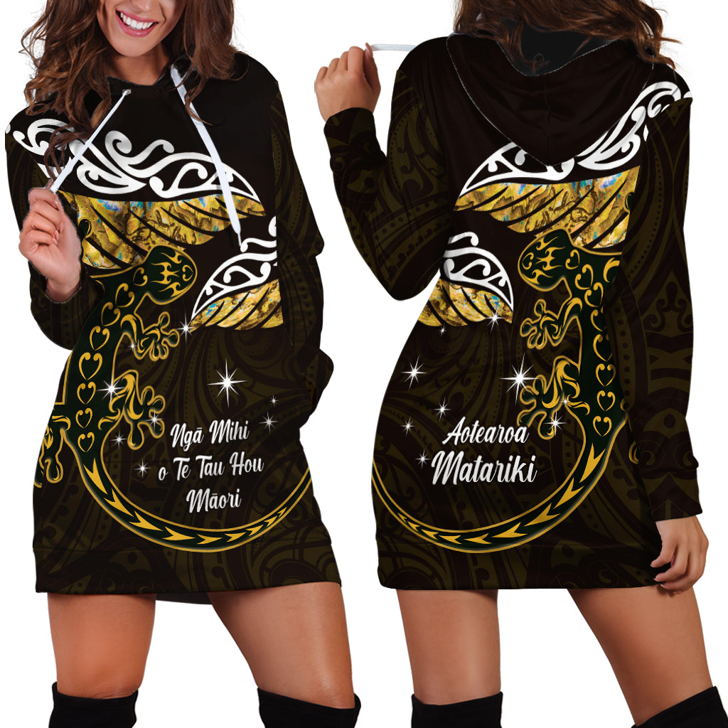 New Zealand Matariki Hoodie Dress Maori New Year Silver Fern And Lizard - Gold
