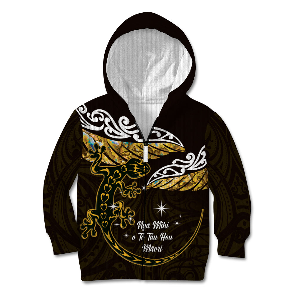 New Zealand Matariki Kid Hoodie Maori New Year Silver Fern And Lizard - Gold