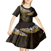 New Zealand Matariki Kid Short Sleeve Dress Maori New Year Silver Fern And Lizard - Gold