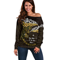 New Zealand Matariki Off Shoulder Sweater Maori New Year Silver Fern And Lizard - Gold LT14 Women Gold - Polynesian Pride