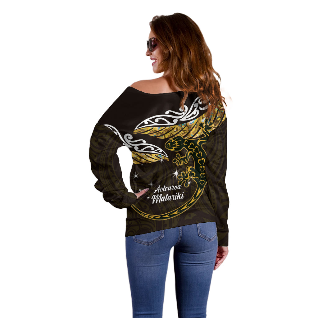 New Zealand Matariki Off Shoulder Sweater Maori New Year Silver Fern And Lizard - Gold LT14 - Polynesian Pride