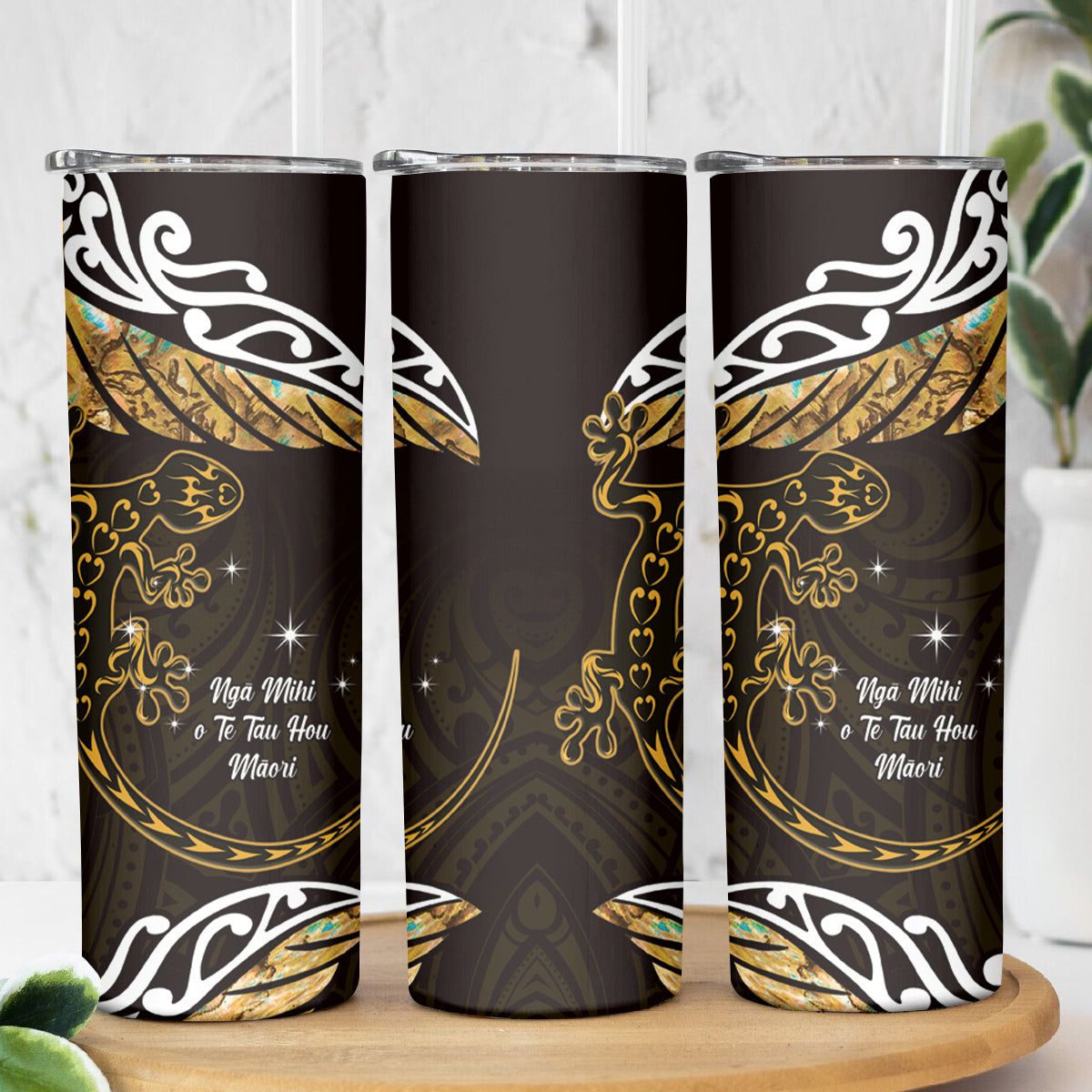 New Zealand Matariki Skinny Tumbler Maori New Year Silver Fern And Lizard - Gold