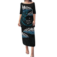 New Zealand Matariki Family Matching Puletasi and Hawaiian Shirt Maori New Year Silver Fern And Lizard - Turquosie