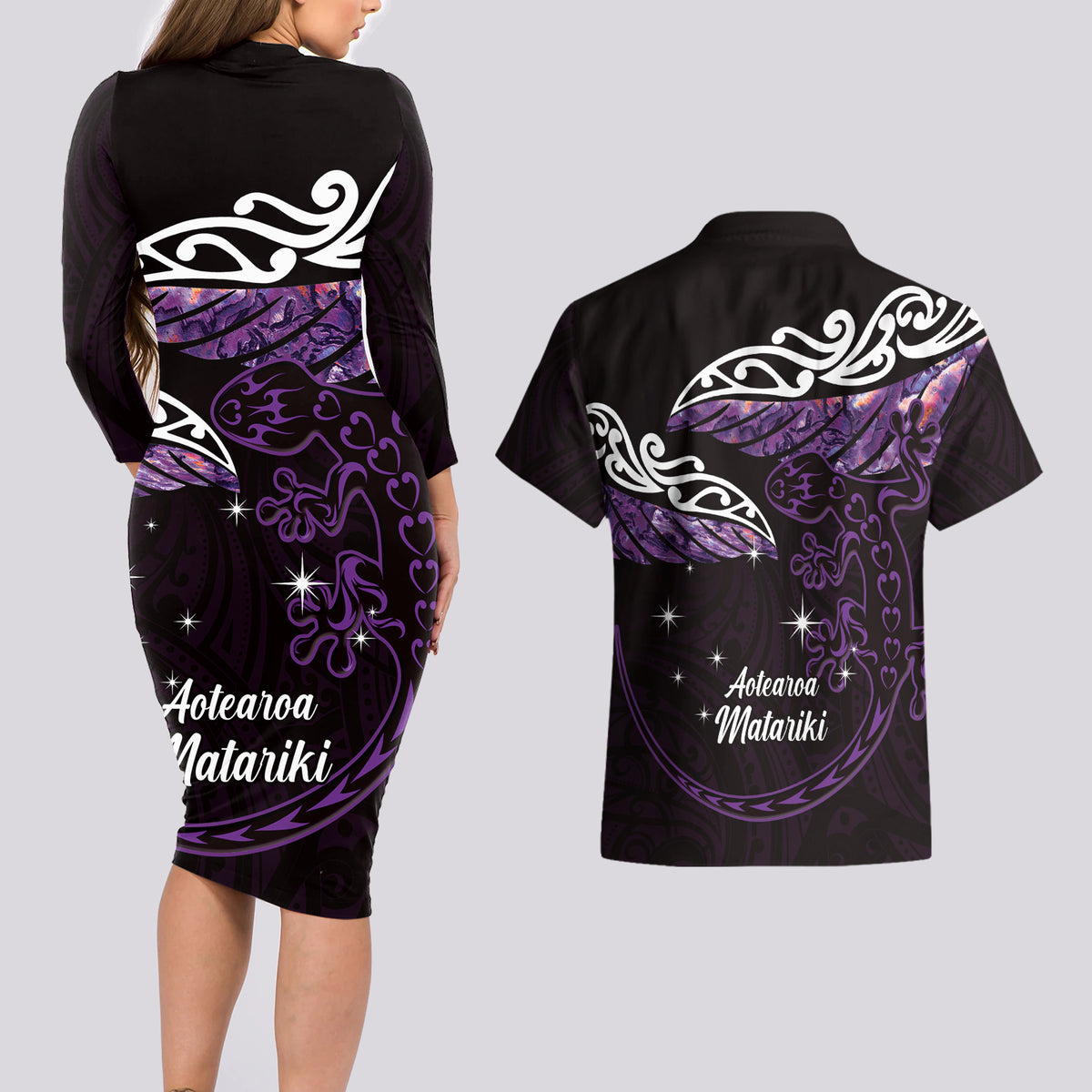 New Zealand Matariki Couples Matching Long Sleeve Bodycon Dress and Hawaiian Shirt Maori New Year Silver Fern And Lizard - Purple