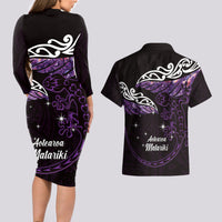 New Zealand Matariki Couples Matching Long Sleeve Bodycon Dress and Hawaiian Shirt Maori New Year Silver Fern And Lizard - Purple