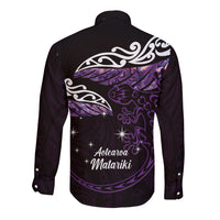 New Zealand Matariki Long Sleeve Button Shirt Maori New Year Silver Fern And Lizard - Purple