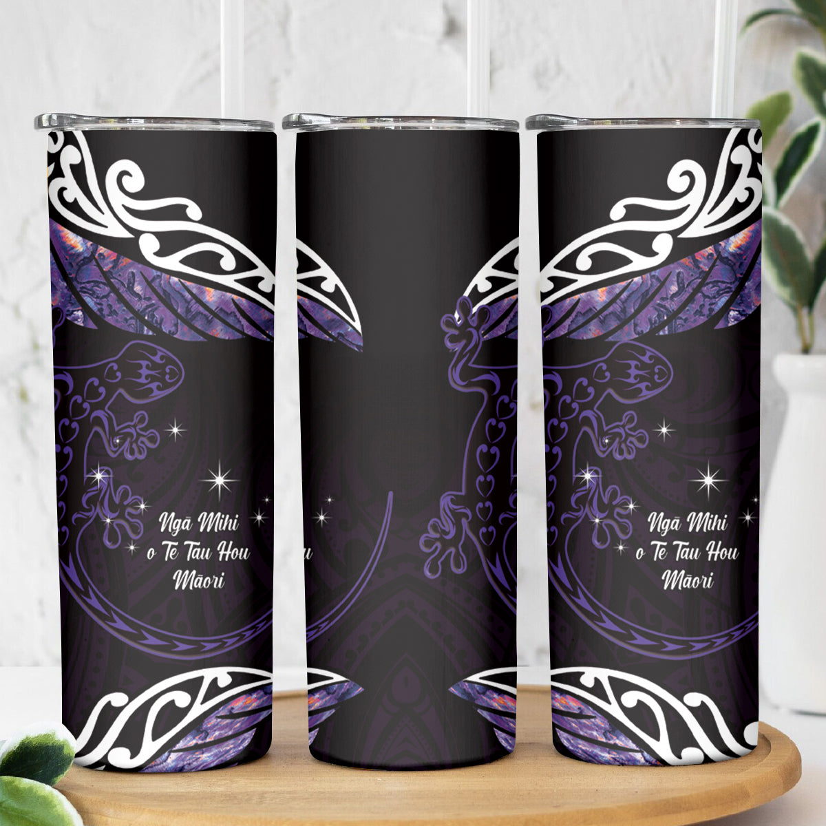 New Zealand Matariki Skinny Tumbler Maori New Year Silver Fern And Lizard - Purple