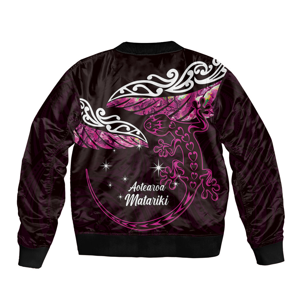 New Zealand Matariki Bomber Jacket Maori New Year Silver Fern And Lizard - Pink