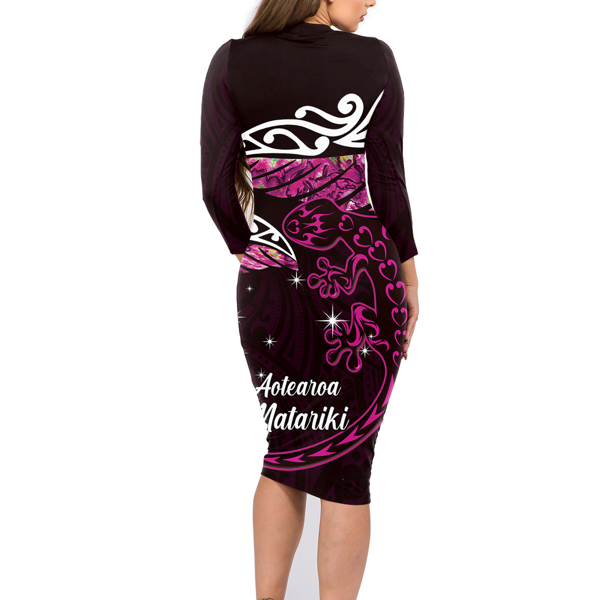New Zealand Matariki Family Matching Long Sleeve Bodycon Dress and Hawaiian Shirt Maori New Year Silver Fern And Lizard - Pink