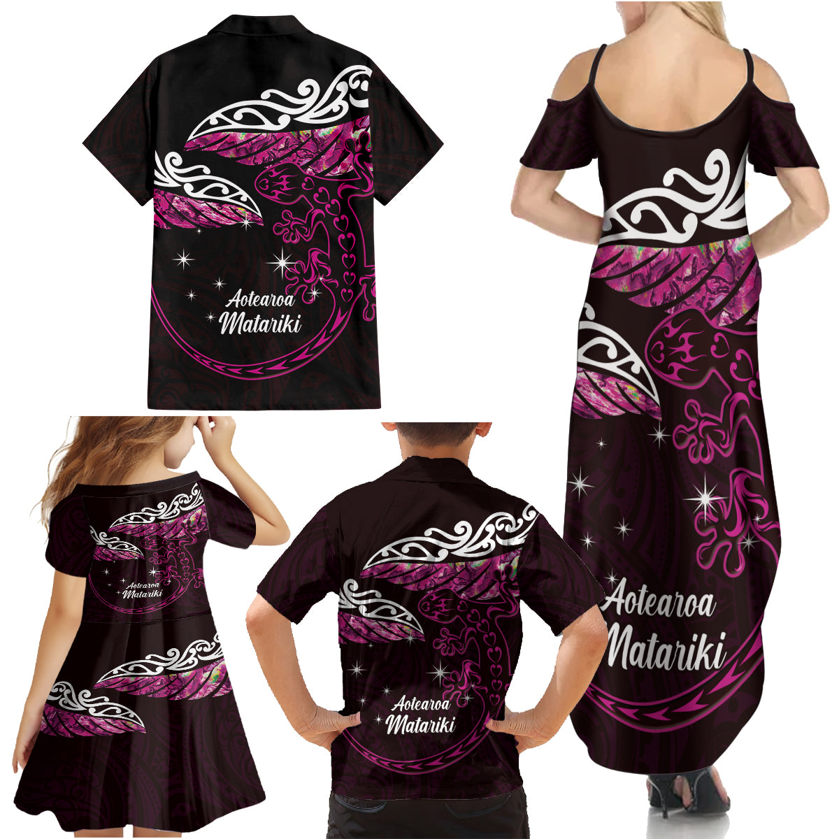 New Zealand Matariki Family Matching Summer Maxi Dress and Hawaiian Shirt Maori New Year Silver Fern And Lizard - Pink