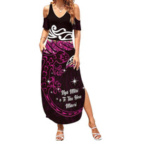 New Zealand Matariki Family Matching Summer Maxi Dress and Hawaiian Shirt Maori New Year Silver Fern And Lizard - Pink