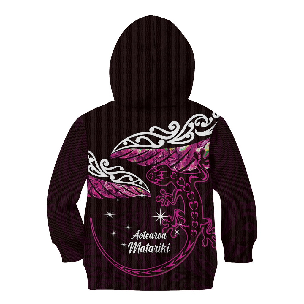 New Zealand Matariki Kid Hoodie Maori New Year Silver Fern And Lizard - Pink