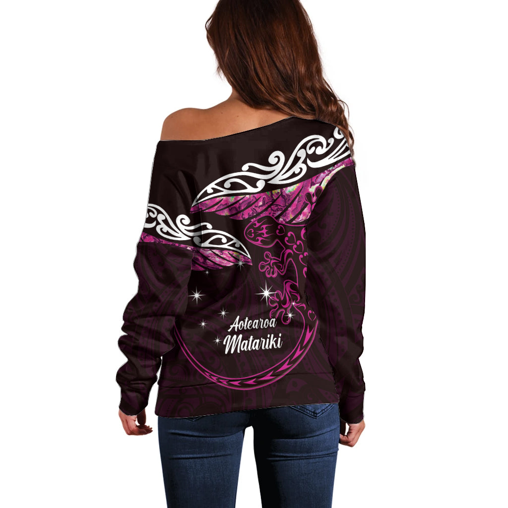 New Zealand Matariki Off Shoulder Sweater Maori New Year Silver Fern And Lizard - Pink