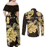 Personalised Aloha Hawaii Oahu Island Couples Matching Off Shoulder Maxi Dress and Long Sleeve Button Shirt Gathering Place Sea Turtle Ilima Flowers