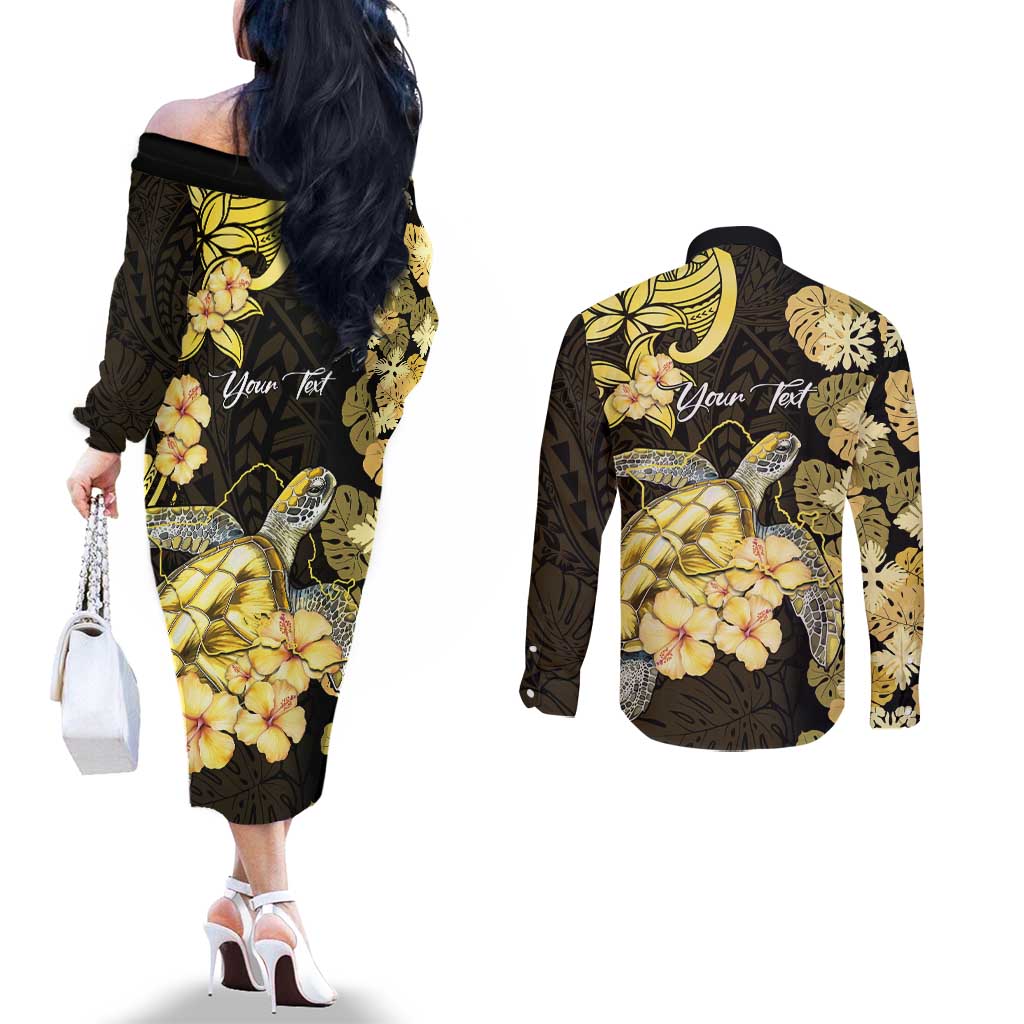 Personalised Aloha Hawaii Oahu Island Couples Matching Off The Shoulder Long Sleeve Dress and Long Sleeve Button Shirt Gathering Place Sea Turtle Ilima Flowers