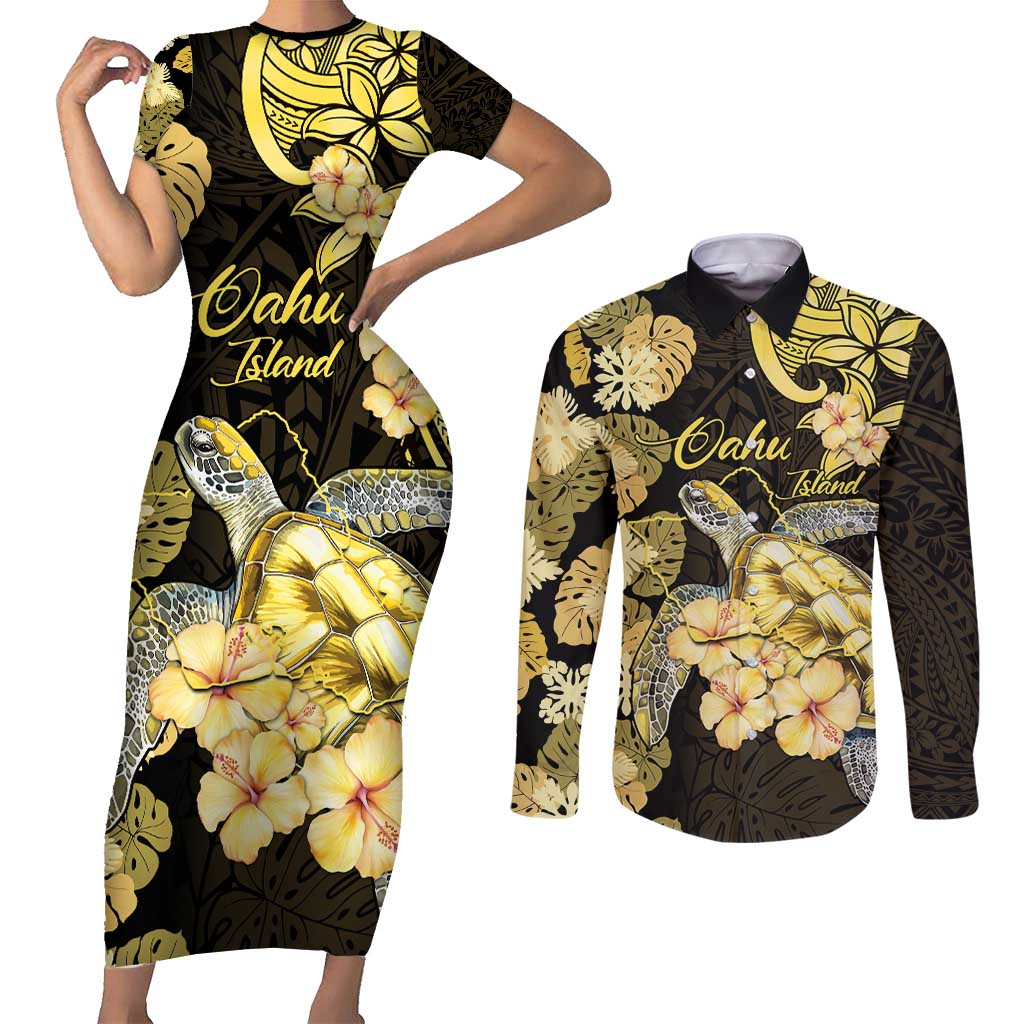 Personalised Aloha Hawaii Oahu Island Couples Matching Short Sleeve Bodycon Dress and Long Sleeve Button Shirt Gathering Place Sea Turtle Ilima Flowers
