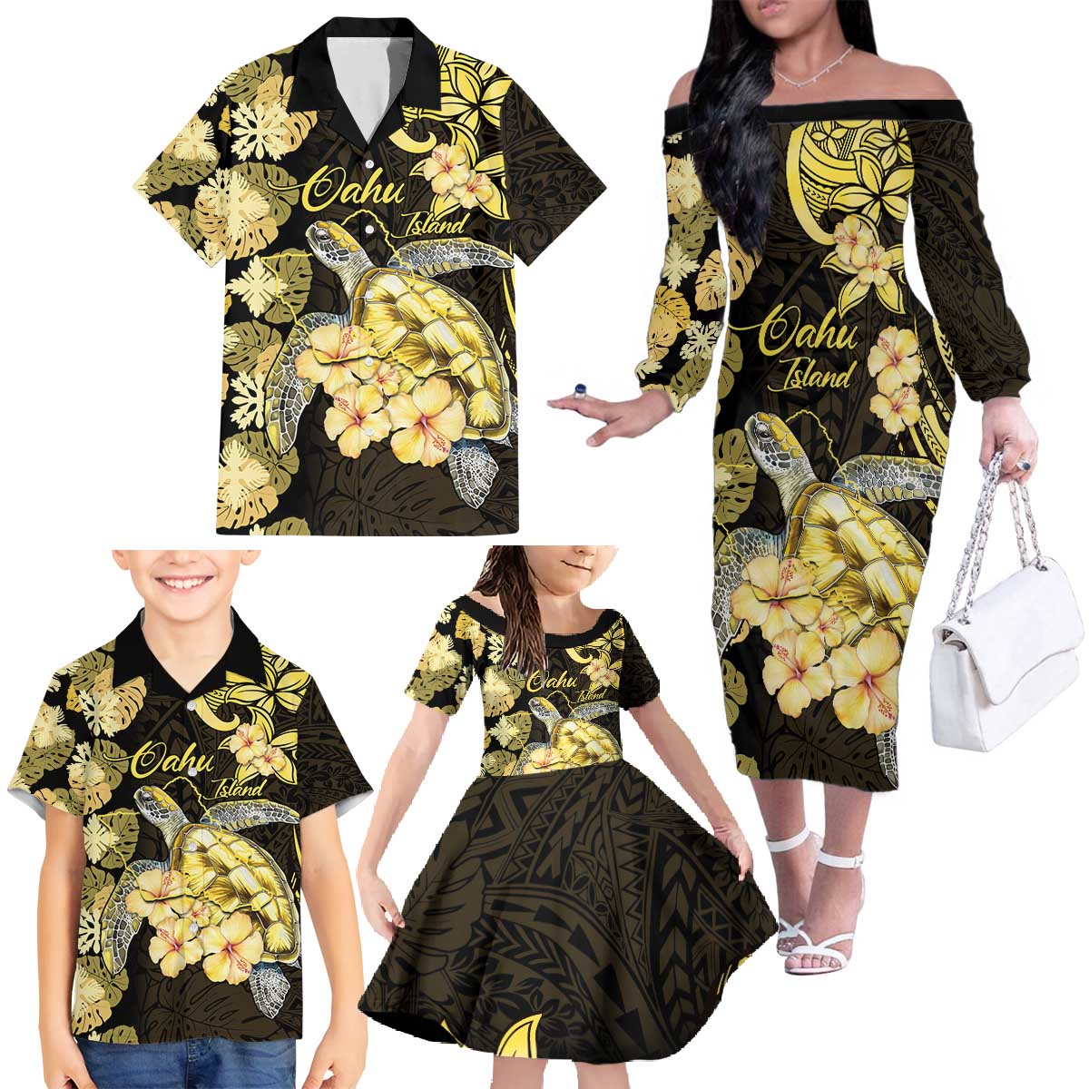 Personalised Aloha Hawaii Oahu Island Family Matching Off The Shoulder Long Sleeve Dress and Hawaiian Shirt Gathering Place Sea Turtle Ilima Flowers