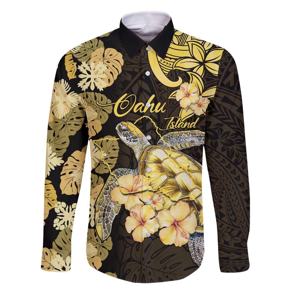 Personalised Aloha Hawaii Oahu Island Family Matching Off The Shoulder Long Sleeve Dress and Hawaiian Shirt Gathering Place Sea Turtle Ilima Flowers