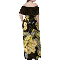 Personalised Aloha Hawaii Oahu Island Family Matching Off Shoulder Maxi Dress and Hawaiian Shirt Gathering Place Sea Turtle Ilima Flowers