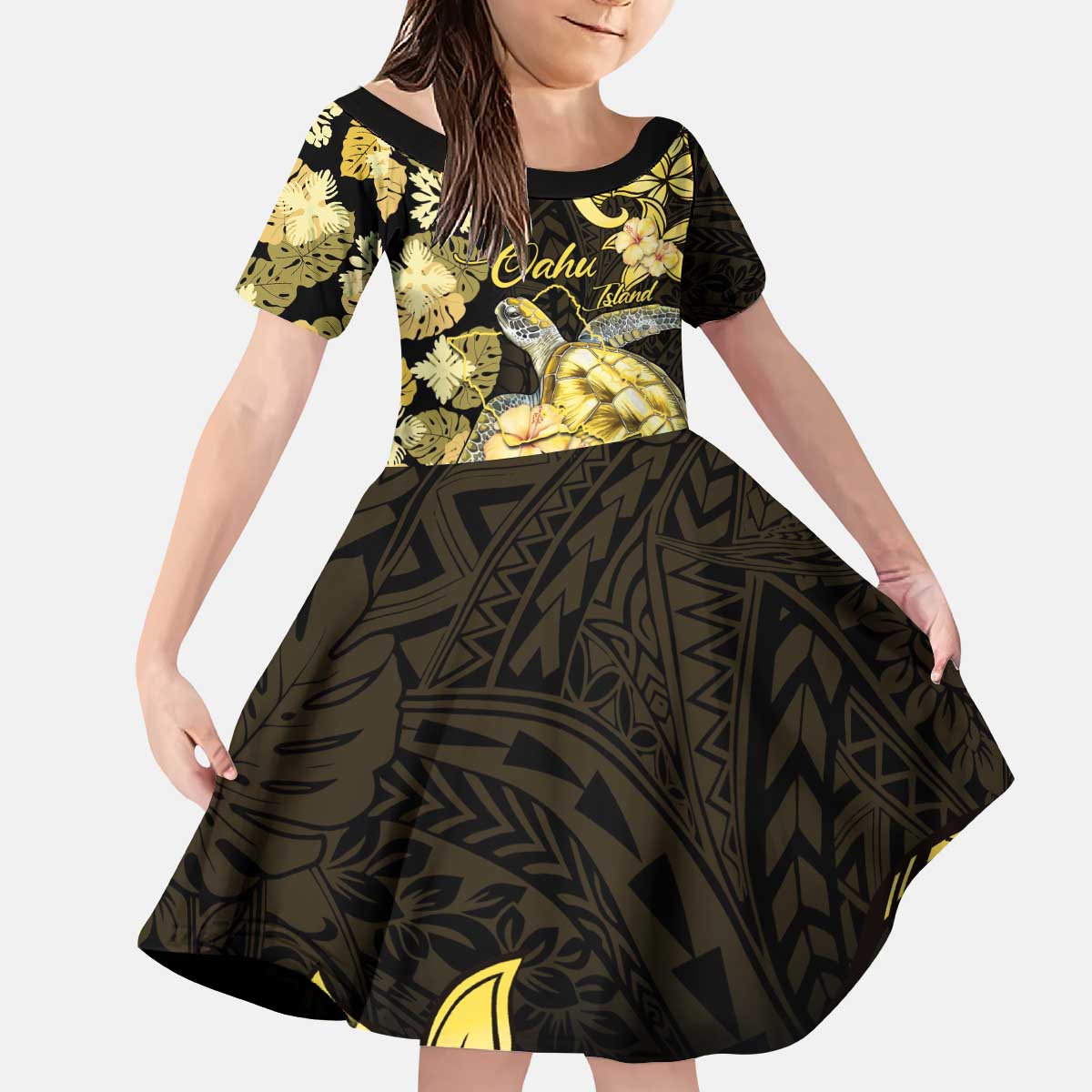Personalised Aloha Hawaii Oahu Island Kid Short Sleeve Dress Gathering Place Sea Turtle Ilima Flowers