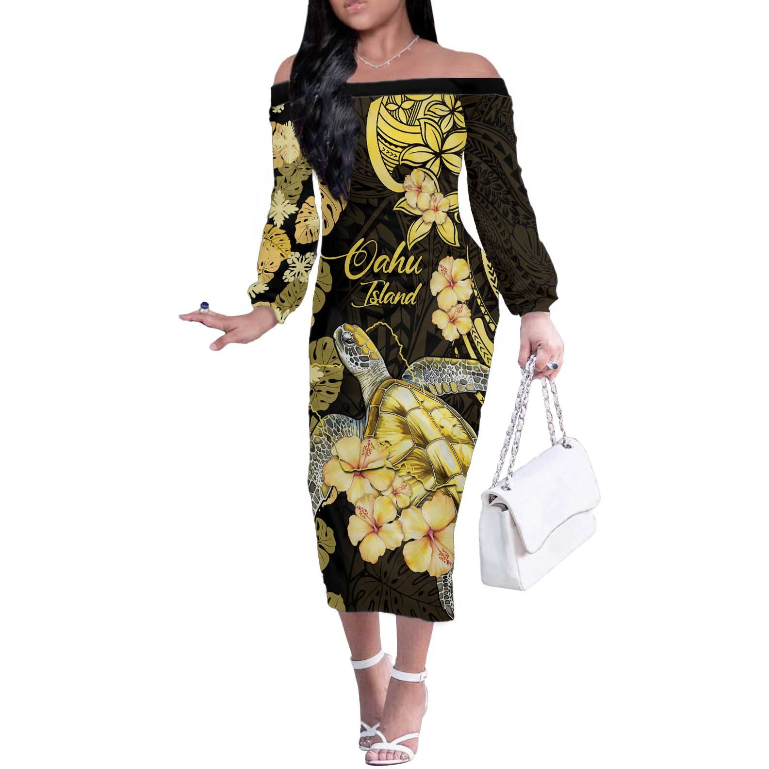 Personalised Aloha Hawaii Oahu Island Off The Shoulder Long Sleeve Dress Gathering Place Sea Turtle Ilima Flowers