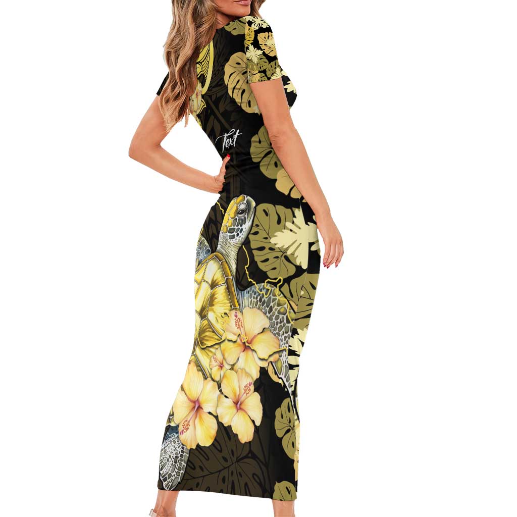 Personalised Aloha Hawaii Oahu Island Short Sleeve Bodycon Dress Gathering Place Sea Turtle Ilima Flowers