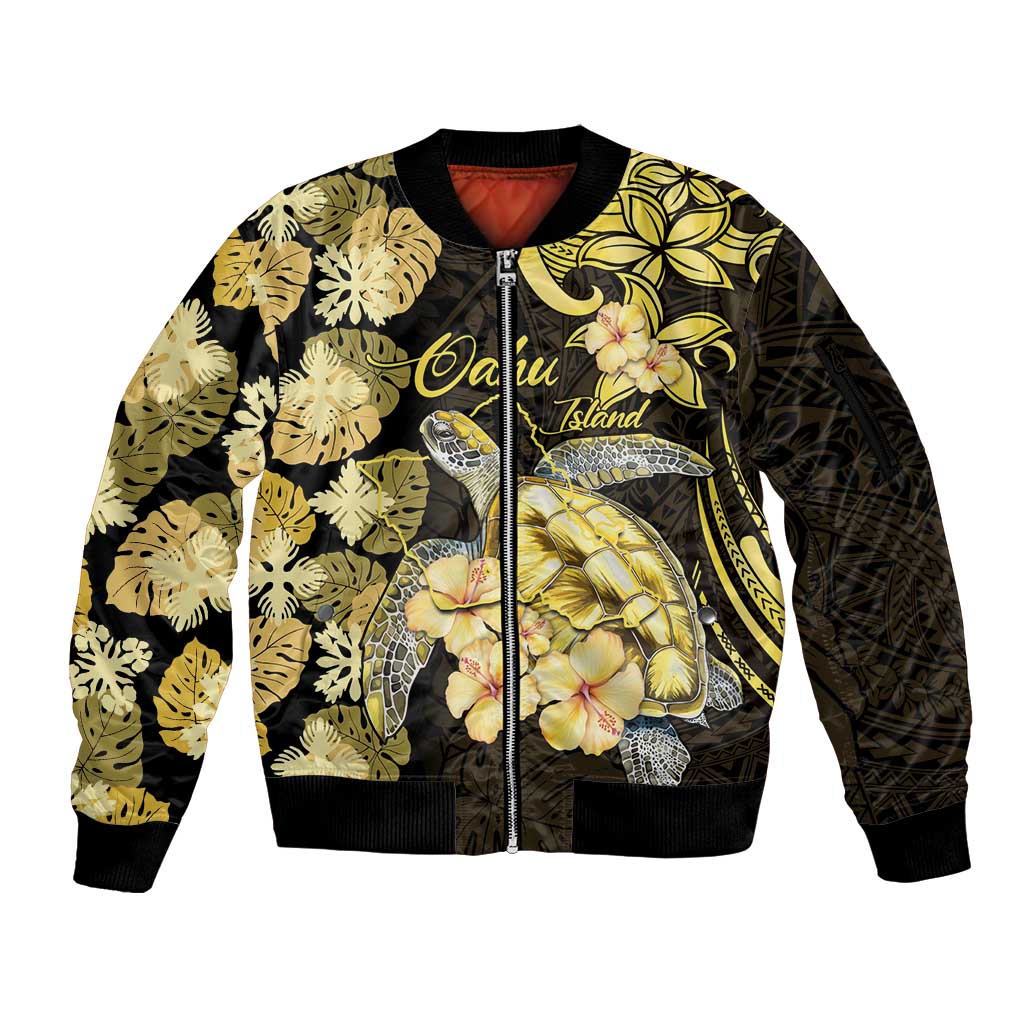 Personalised Aloha Hawaii Oahu Island Sleeve Zip Bomber Jacket Gathering Place Sea Turtle Ilima Flowers