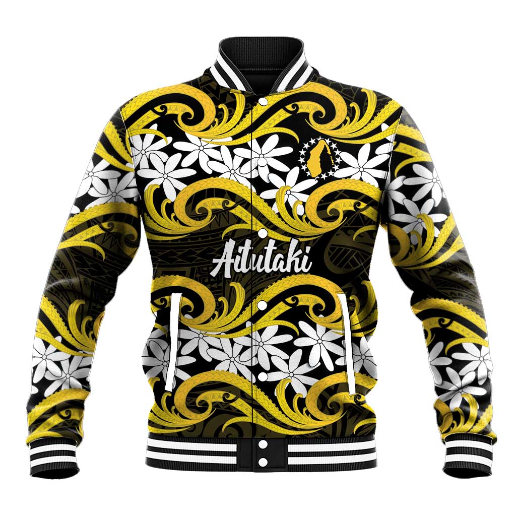 Personalised Cook Islands Aitutaki Baseball Jacket Tiare Maori Polynesian Waves Tattoo