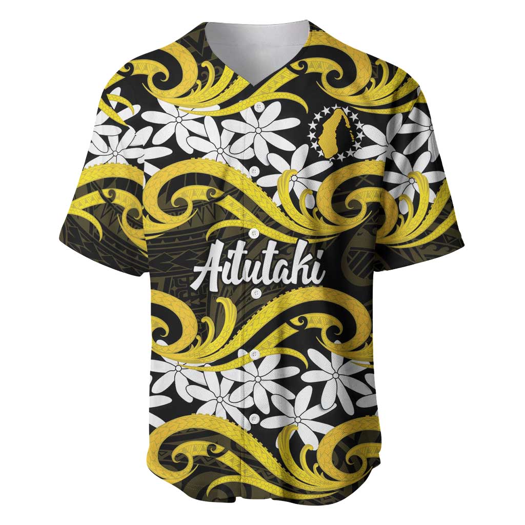 Personalised Cook Islands Aitutaki Baseball Jersey Tiare Maori Polynesian Waves Tattoo LT14 Yellow - Polynesian Pride