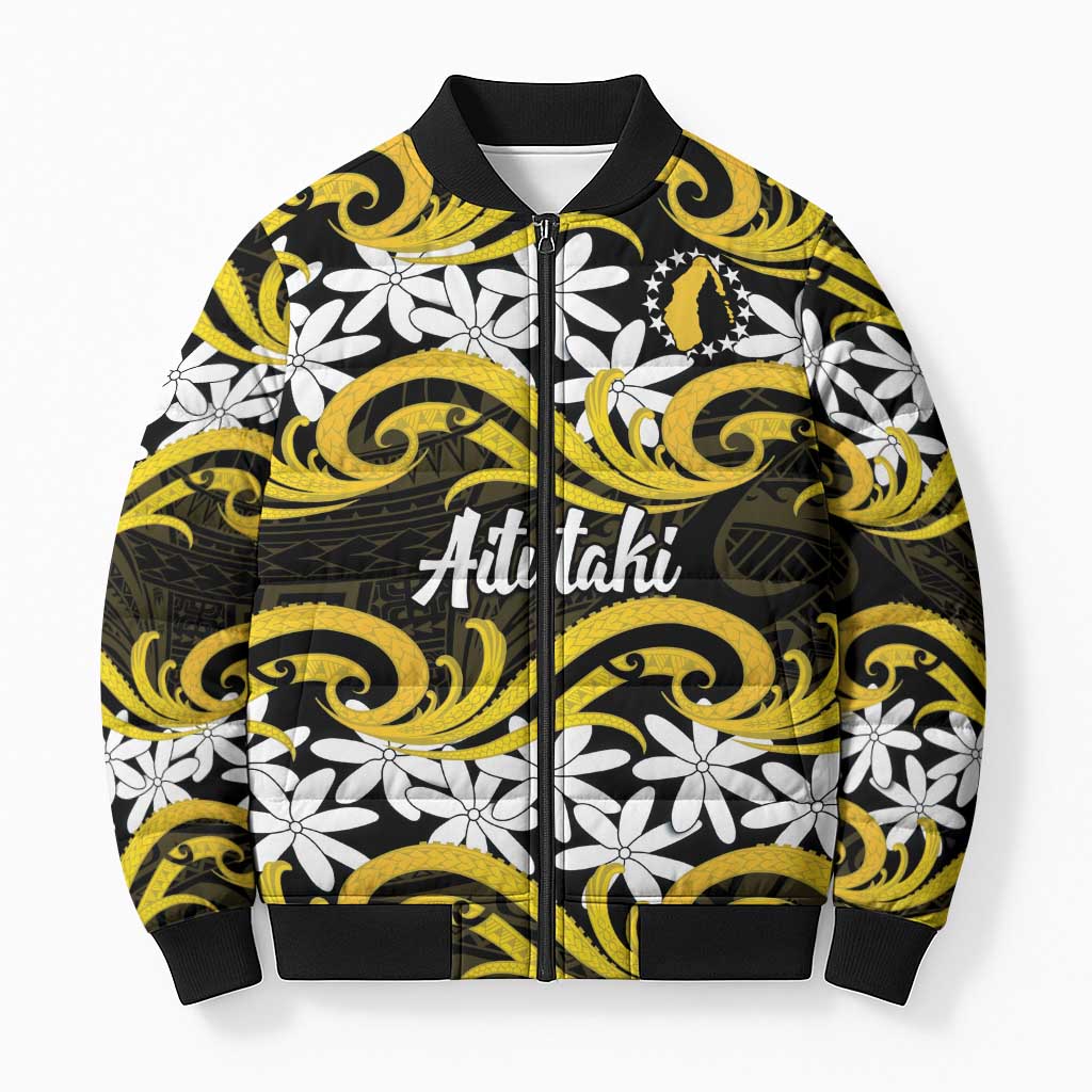 Personalised Cook Islands Aitutaki Bomber Puffer Jacket Tiare Maori Polynesian Waves Tattoo