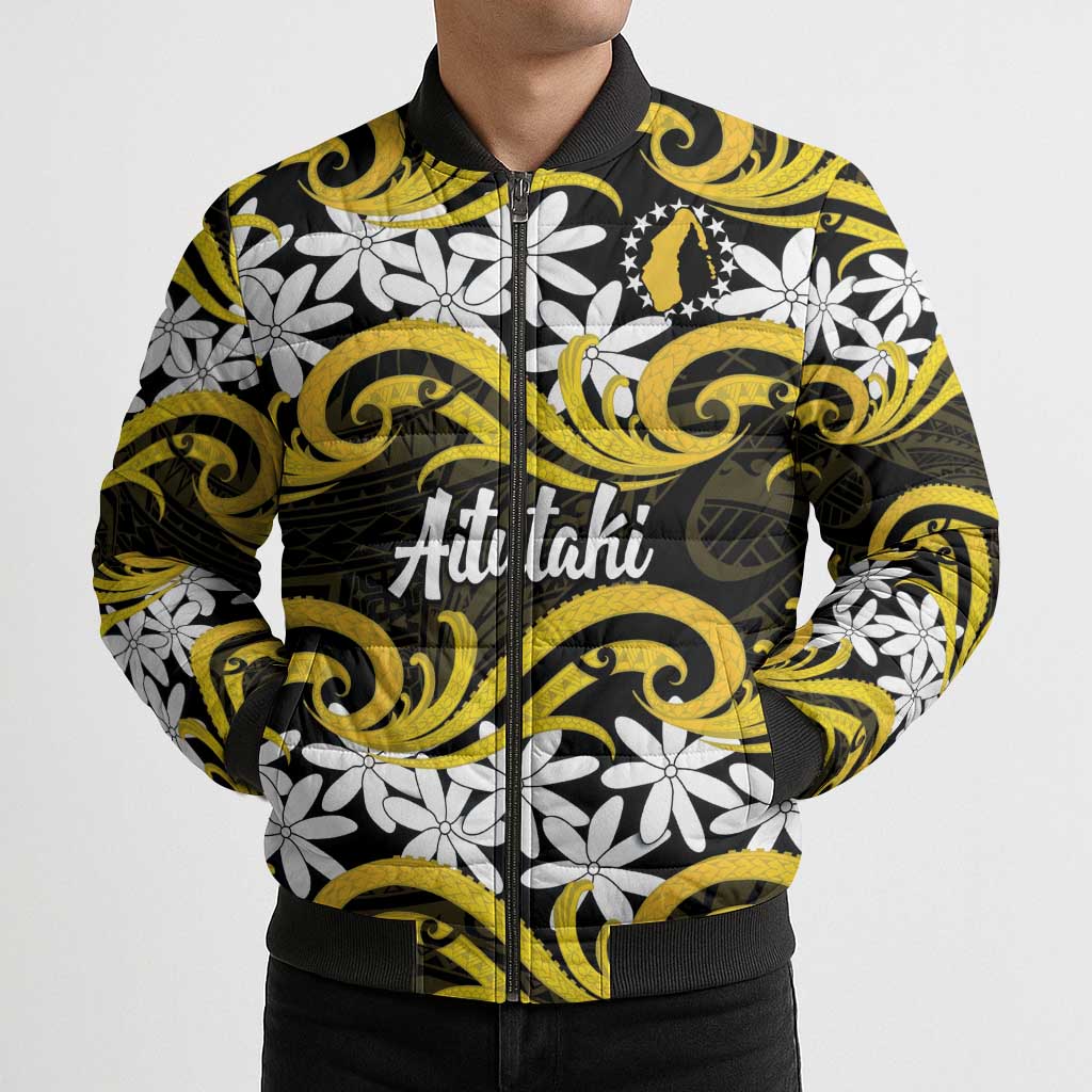 Personalised Cook Islands Aitutaki Bomber Puffer Jacket Tiare Maori Polynesian Waves Tattoo