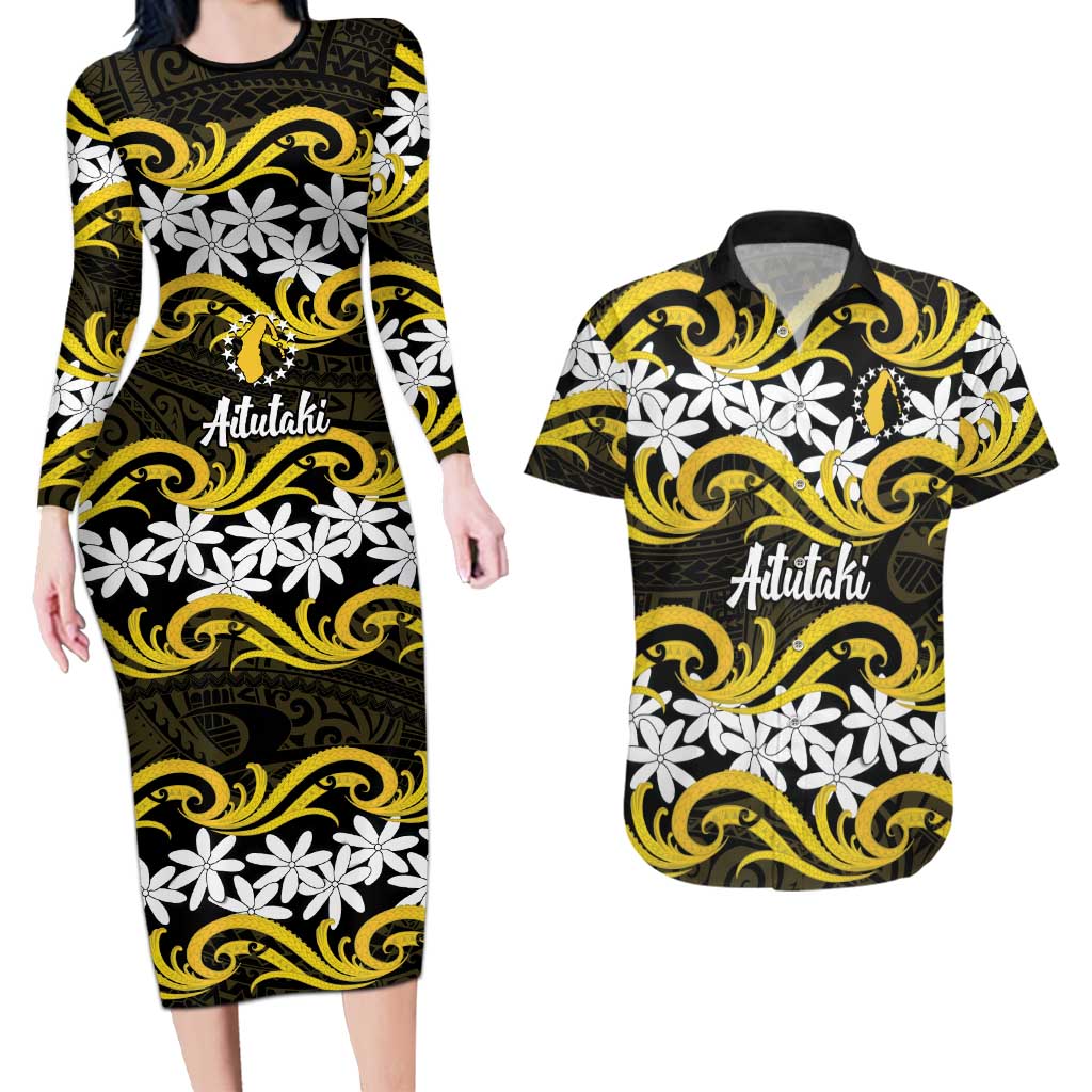 Personalised Cook Islands Aitutaki Couples Matching Long Sleeve Bodycon Dress and Hawaiian Shirt Tiare Maori Polynesian Waves Tattoo LT14 Yellow - Polynesian Pride