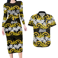 Personalised Cook Islands Aitutaki Couples Matching Long Sleeve Bodycon Dress and Hawaiian Shirt Tiare Maori Polynesian Waves Tattoo LT14 Yellow - Polynesian Pride