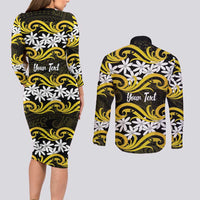 Personalised Cook Islands Aitutaki Couples Matching Long Sleeve Bodycon Dress and Long Sleeve Button Shirt Tiare Maori Polynesian Waves Tattoo