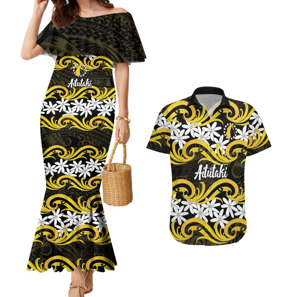 Personalised Cook Islands Aitutaki Couples Matching Mermaid Dress and Hawaiian Shirt Tiare Maori Polynesian Waves Tattoo