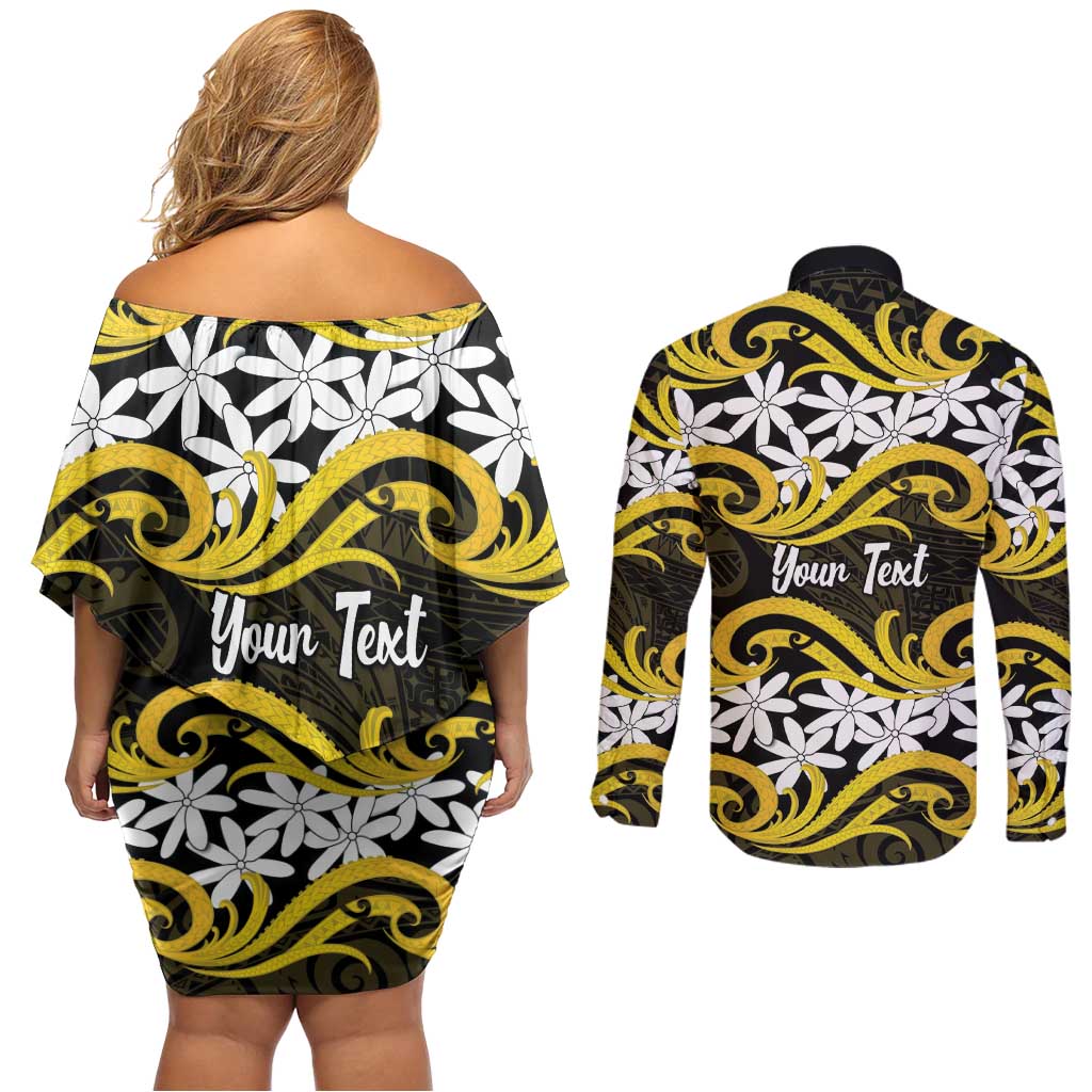 Personalised Cook Islands Aitutaki Couples Matching Off Shoulder Short Dress and Long Sleeve Button Shirt Tiare Maori Polynesian Waves Tattoo
