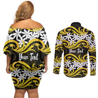 Personalised Cook Islands Aitutaki Couples Matching Off Shoulder Short Dress and Long Sleeve Button Shirt Tiare Maori Polynesian Waves Tattoo