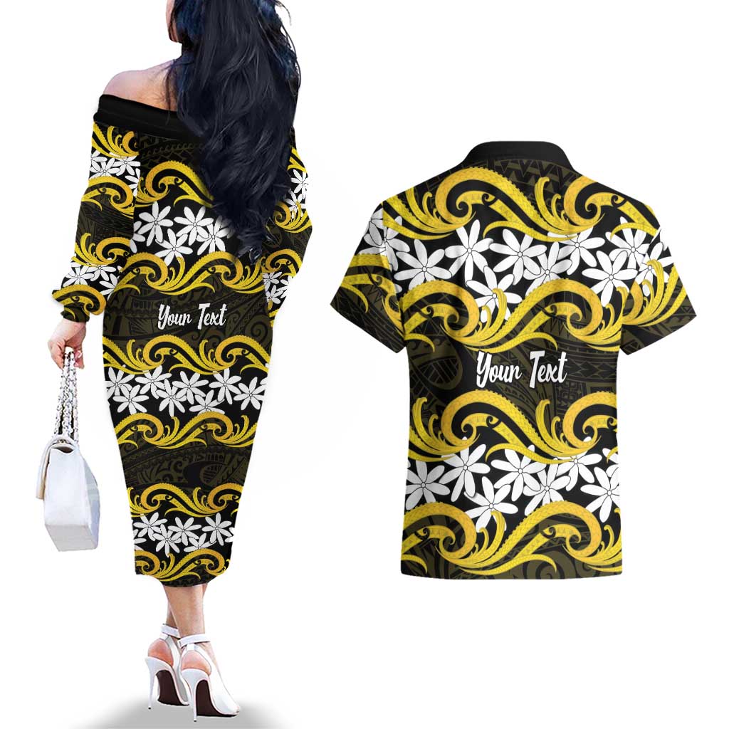 Personalised Cook Islands Aitutaki Couples Matching Off The Shoulder Long Sleeve Dress and Hawaiian Shirt Tiare Maori Polynesian Waves Tattoo
