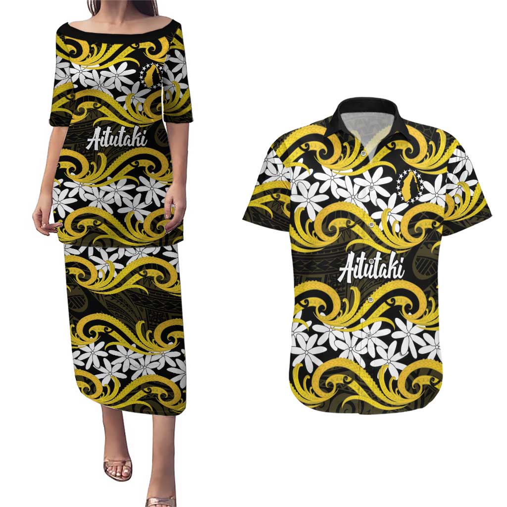 Personalised Cook Islands Aitutaki Couples Matching Puletasi and Hawaiian Shirt Tiare Maori Polynesian Waves Tattoo