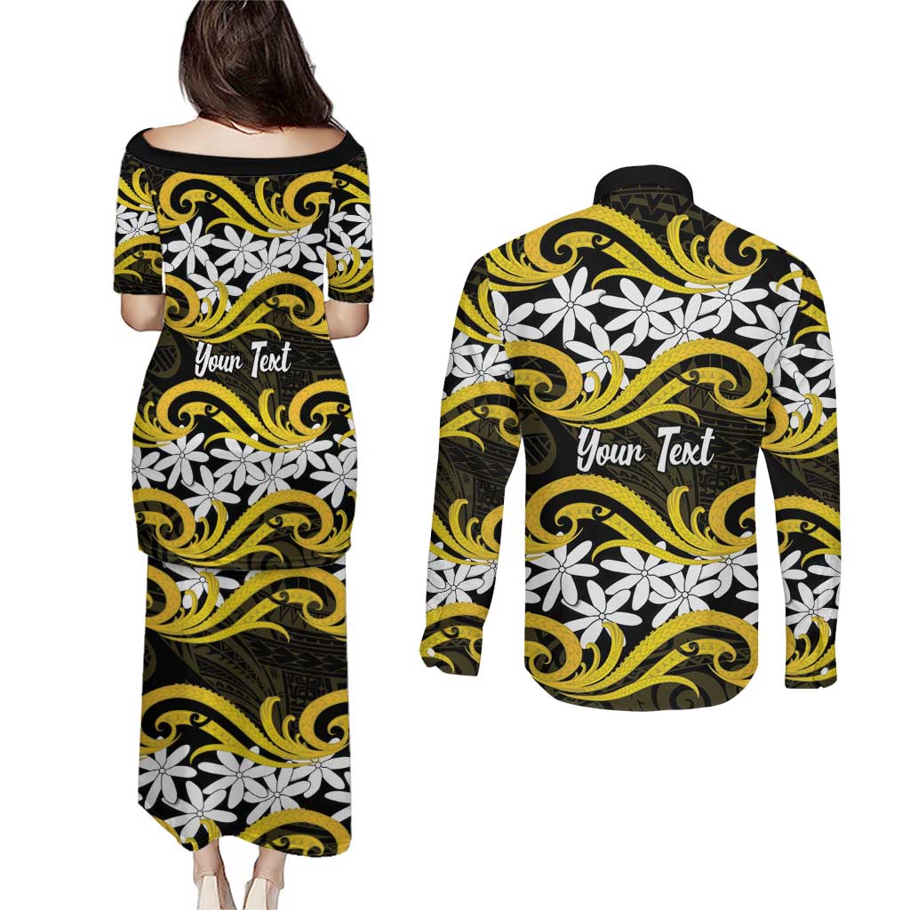 Personalised Cook Islands Aitutaki Couples Matching Puletasi and Long Sleeve Button Shirt Tiare Maori Polynesian Waves Tattoo