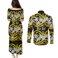 Personalised Cook Islands Aitutaki Couples Matching Puletasi and Long Sleeve Button Shirt Tiare Maori Polynesian Waves Tattoo