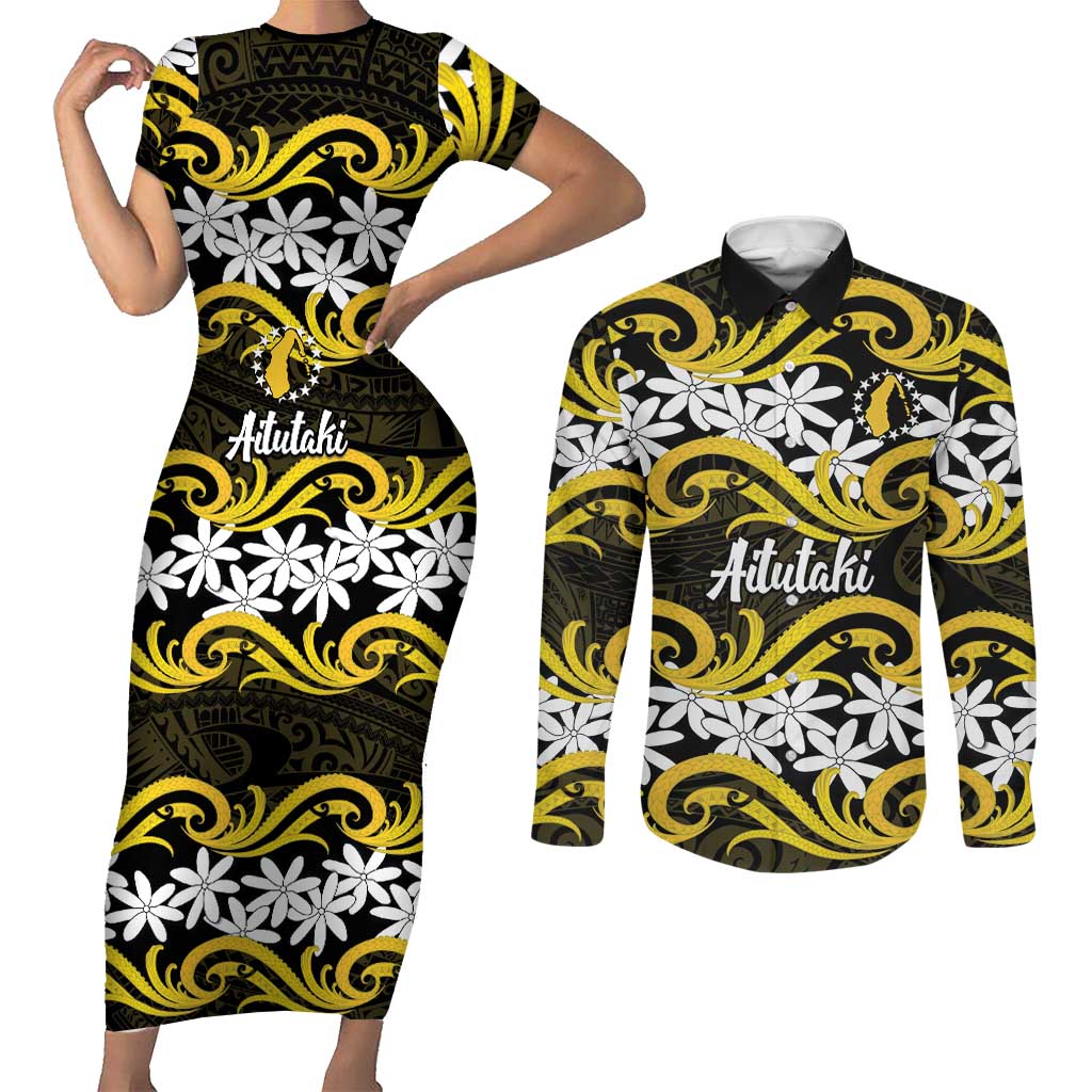 Personalised Cook Islands Aitutaki Couples Matching Short Sleeve Bodycon Dress and Long Sleeve Button Shirt Tiare Maori Polynesian Waves Tattoo