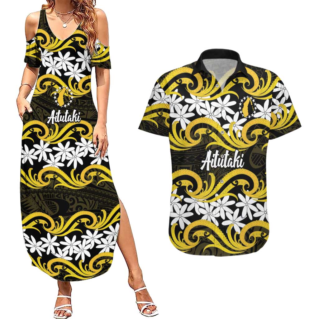 Personalised Cook Islands Aitutaki Couples Matching Summer Maxi Dress and Hawaiian Shirt Tiare Maori Polynesian Waves Tattoo