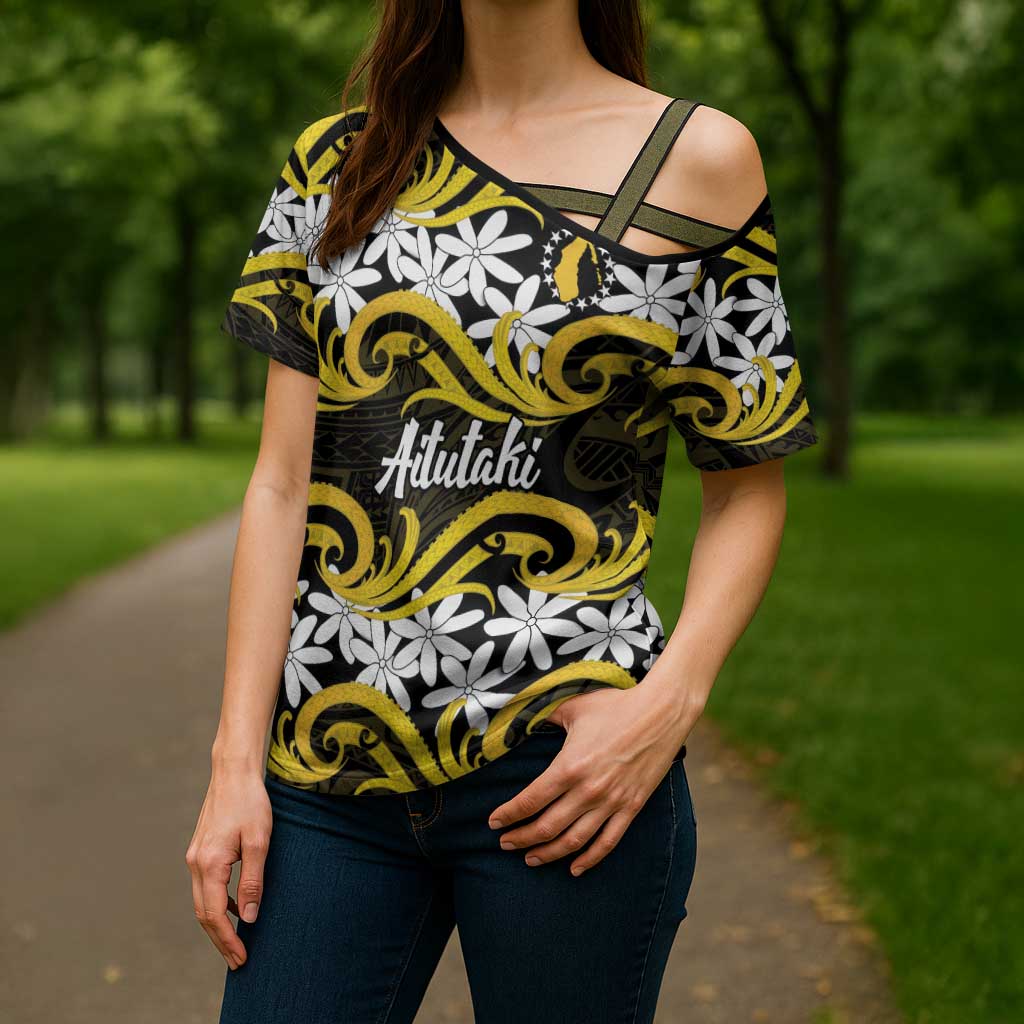 Personalised Cook Islands Aitutaki Cross Shoulder Shirt Tiare Maori Polynesian Waves Tattoo